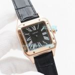 Replica Cartier Santos Automatic Watch Black Dial Black Leather Strap Rose Gold Bezel